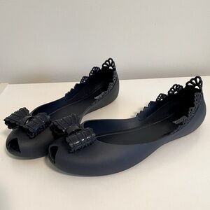 Melissa Peep-toe Navy flats with bow and lace detail